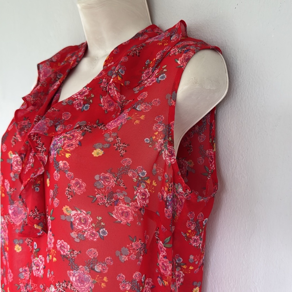 CAbi red floral sleeveless ruffle trim sheer fabric blouse size small - Picture 7 of 11